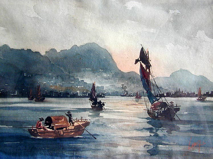 LING (Chinese 20th C.) W/C Hong Kong harbor: This watercolor is by Ling a 20th C. Chinese artist. It is 10 1/2" x 14 3/4" (sight). This circa 1950s painting depicts Hong Kong harbor. It was purchased in Hong Kong in the early 1950s and is in ver