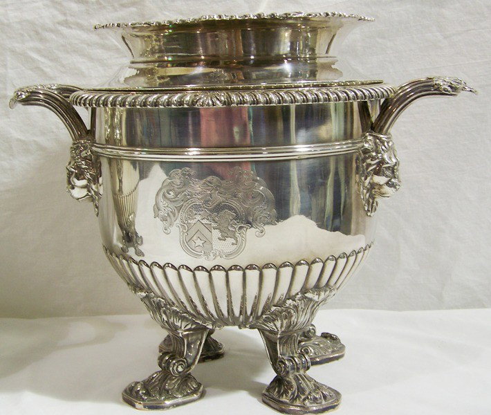 Pr. Fine 19th C. Matthew Boulton Sheffield Wine C: Pr. Fine 19th C. Matthew Boulton Sheffield Wine Coolers. A great pair of hallmarked wine coolers with Lion mount handles and has crest on both sides resting on four ornate hairy feet. Has three parts 