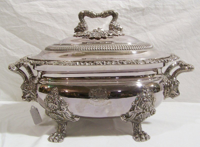 Fine 19th C. Matthew Boulton Sheffield Covered S: Fine 19th C. Matthew Boulton Sheffield Covered Server. With Rams head mounts on the handles and the handle to lid also.Hallmarked and also has crest, resting on four ornate feet. Great pc. hallmarked 