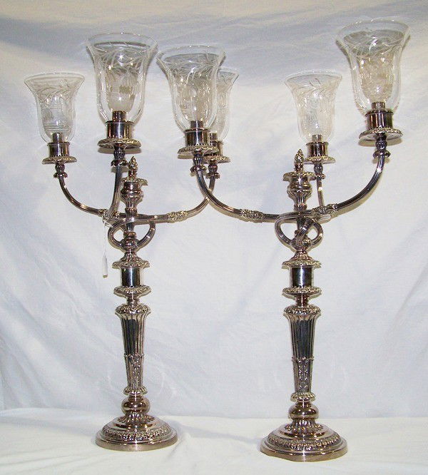 Pr Fine 19th C. Matthew Boulton Sheffield Candela: Pair of Fine 19th C. Matthew Boulton Sheffield Candelabra's. A Great pair standing app. 32" tall with three etched glass globes to each. Hallmarked with a leaf design on base. App. 18 1/2" across and