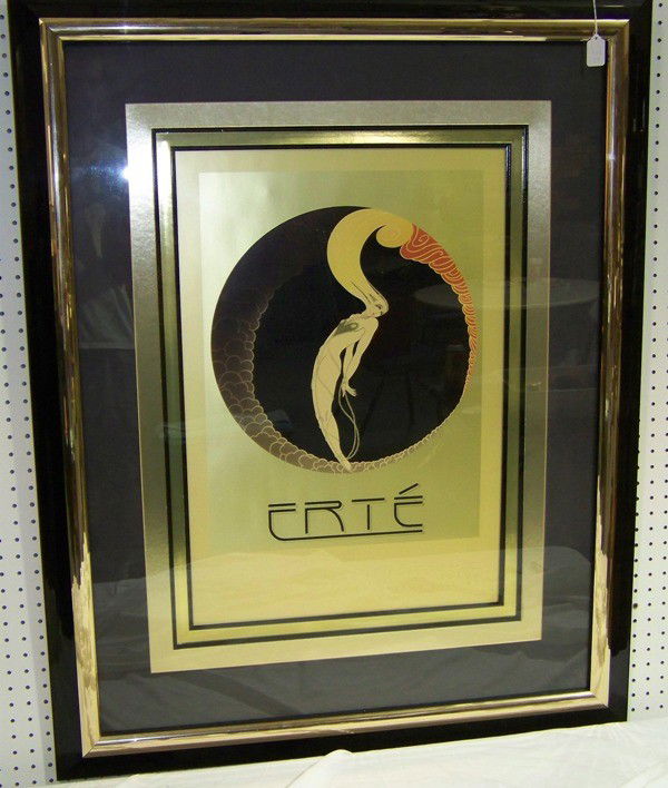 Vintage Erte Signed Poster: Vintage Erte Signed Poster. Published by the Mirage Editions Inc. 1662 12th street, Santa Monica, CA. 90404. In Acc. with Grosvenor Gallery London England.27 1/2" tall 18 3/4" wide. Frame is 45" tall