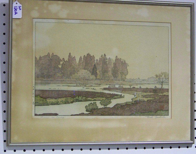 Toshi Yoshida ( Japanese 1911-1995 ) Signed Woodb: Toshi Yoshida ( Japanese 1911-1995 ) Signed Woodblock, Colored and signed lower right and has stamp also signed on left side. Titled Morning in Spring.Also pencil signed on pc. is To Agnes Wislow, Tos