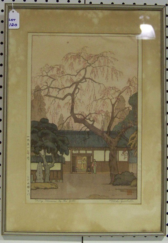 Toshi Yoshida ( Japanese 1911-1995 ) Signed Woodbl: Toshi Yoshida ( Japanese 1911-1995 ) Signed Woodblock, Colored and signed lower right and has stamp also signed on left side. Titled Cherry Blossoms by the Gate.10 1/4" wide. 15 1/4" tall, frame is 20