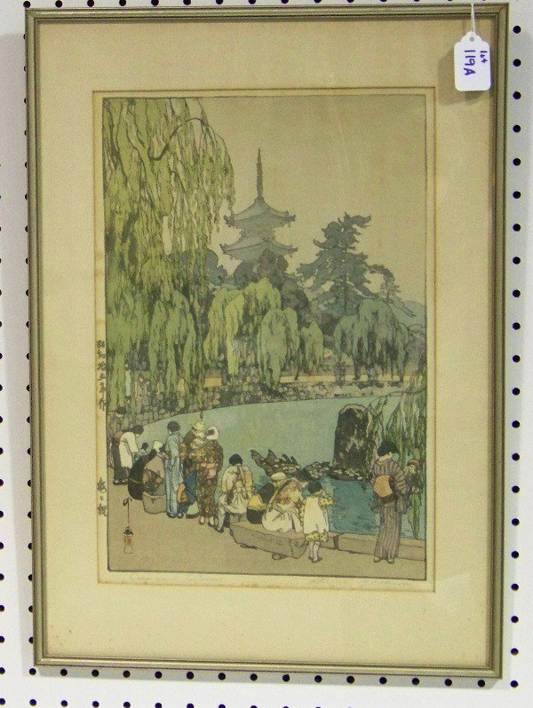 Hiroshi Yoshida ( Japanese 1876-1950 ) Wood Block: Hiroshi Yoshida ( Japanese 1876-1950 ) Wood Block. Colored and signed lower right and on left side. Titled Carp and Tortoises. 10 3/8" wide and 15 1/4" tall, Frame is 14 1/2" wide and 20 1/2" tall.