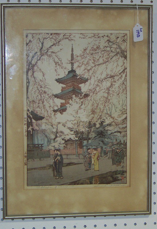 Hiroshi Yoshida ( Japanese 1876-1950 ) Wood Block: Hiroshi Yoshida ( Japanese 1876-1950 ) Wood Block. Colored and signed lower right and on left side. Titled A Glimpse of Ueno Park. 10 3/8" wide and 15 1/4" tall, Frame is 14 1/2" wide and 20 1/2" tall