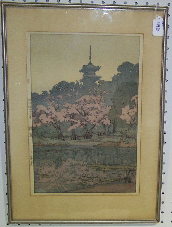 Hiroshi Yoshida ( Japanese 1876-1950 ) Wood Block: Hiroshi Yoshida ( Japanese 1876-1950 ) Wood Block. Colored and signed lower right and on left side. Titled on lower left. 10 3/8" wide and 15 1/4" tall, Frame is 14 1/2" wide and 20 1/2" tall.