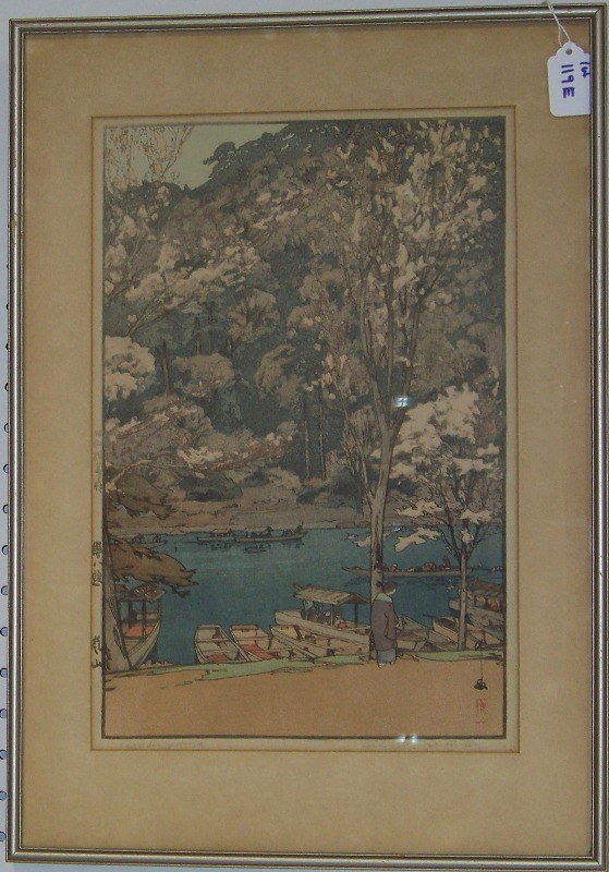 Hiroshi Yoshida ( Japanese 1876-1950 ) Wood Block: Hiroshi Yoshida ( Japanese 1876-1950 ) Wood Block. Colored and signed lower right and on left side. Titled on lower left. 10 3/8" wide and 15 1/4" tall, Frame is 14 1/2" wide and 20 1/2" tall.
