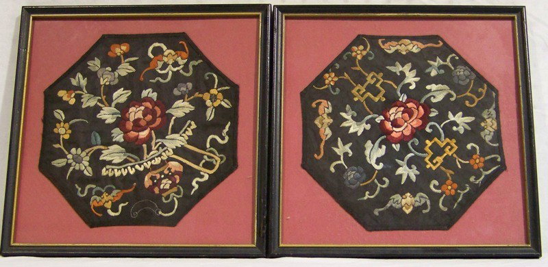 Pair Early Chinese Embroidery with Bats: Pair Early Chinese Embroidery with Bats. Great pcs. with Bats and flowers on each, both are app. 9" x 9", frames are 12" x 12".