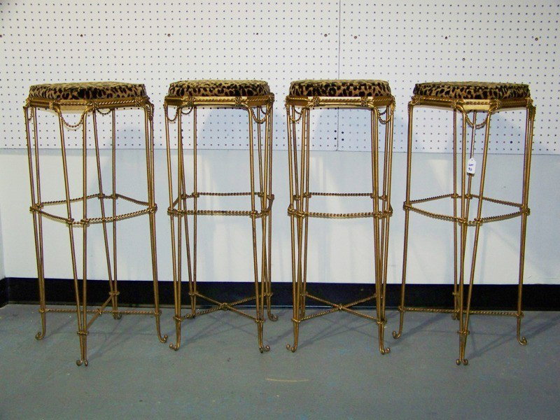 Four Early French Gilt Leopard Bar Stools: Four Early French Gilt Leopard Bar Stools. Set of great bar stools with Iron rope throughout on a double scrolled legs. Each stands approx. 33" tall with a 13" x 13" seat. Being resold for non- paymen