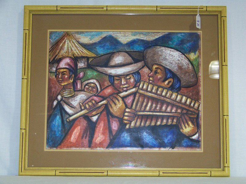 Vintage Signed "Egas" Oil of Family of Musicians: Vintage Signed "Egas" Oil of Family of Musicians. Great colors of a family playing music with mountains in back ground. 18" wide 14" tall. Frame is 24 1/2" wide and 20 1/2" tall.