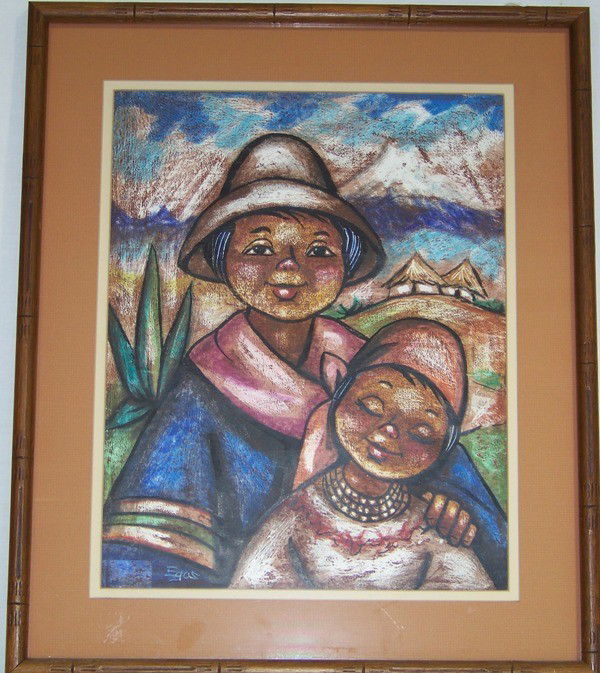 Vintage Signed "Egas" Oil of Mother & Child: Vintage Signed "Egas" Oil of Mother & Child. Great colors of a Mother and child with mountains in back ground. 13 1/2" wide 17 1/2" tall. Frame is 20" wide and 23 3/4" tall.