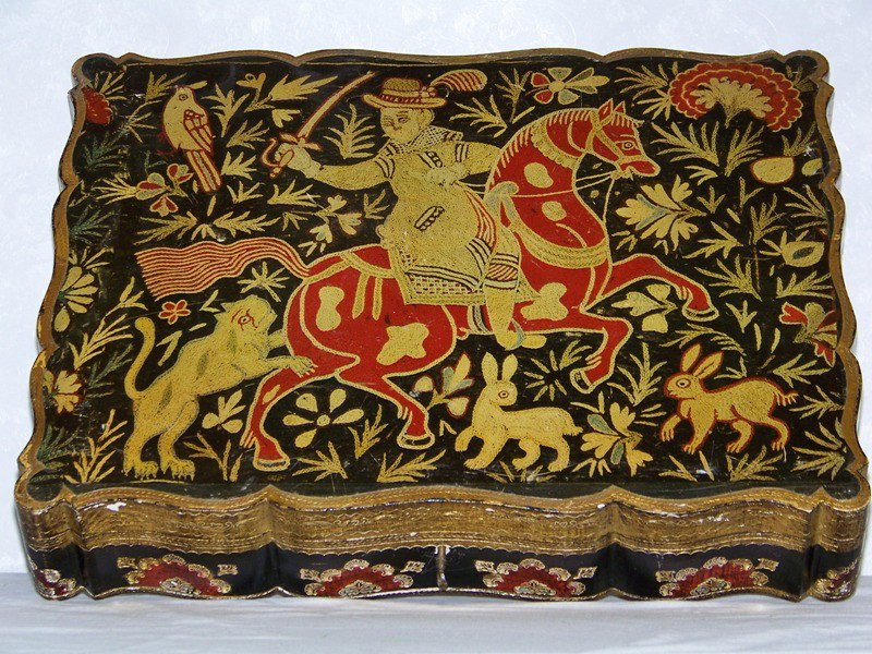 Early French Florentine Decorated Lock Box: Early French Florentine Decorated Lock Box. Great Florentine box with horse and rider on front with bird, rabbits and cat. Has key and is app. 16" wide 12" deep and 3" tall.