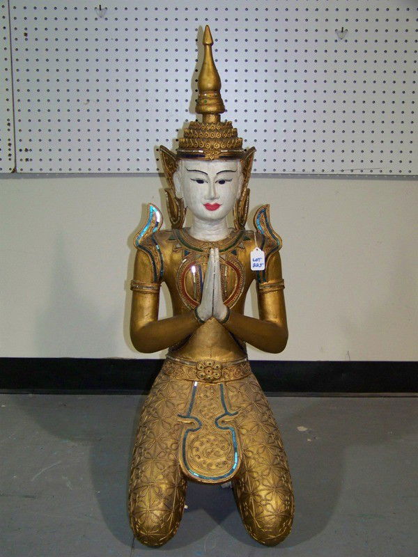 Vintage Tia Wooden Statue of Praying Buddha: Vintage Tia Wooden Statue of Praying Buddha, all hand painted and has small colored mirror inserts.Stands app. 38" tall.