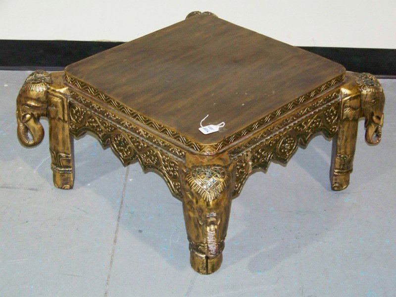 Vintage Chinese Wooden Carved Elephant Low Table: Vintage Chinese Wooden Carved Elephant Low Table. Great Carved low table with Elephant on the four corners.Has small colored inserts on carving.Stands app.13 1/2" tall and app. 26" x 26"