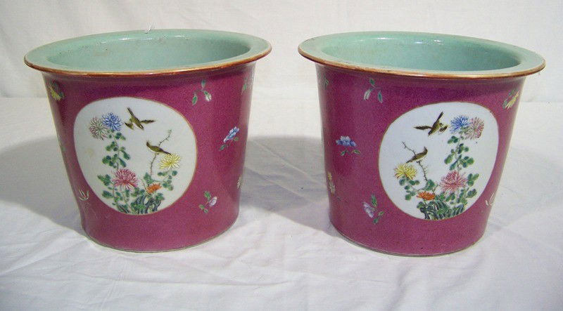 PAIR CHINESE CH'IEN LUNG PORCELAIN PLANTER'S: PAIR CHINESE CH'IEN LUNG PORCELAIN PLANTER'S. Chinese Ch'ien Lung period porcelain vase. Has a stunning purple orange peel design with flower's and two panels with a white background with Birds and fl