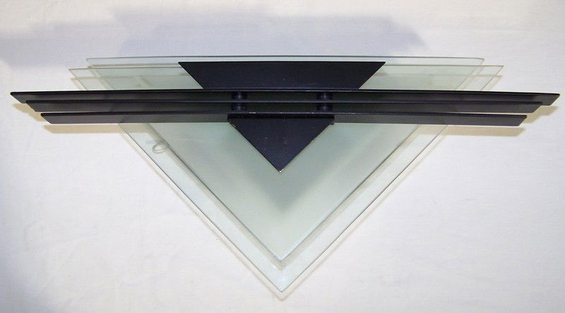 Pair of Mid Century Modern Glass Wall Sconces: Pair of Mid Century Modern Glass Wall Sconces.Each in a triangle design with a pair of frosted glass triangle pcs. Each is app. 18" wide and 8" tall.