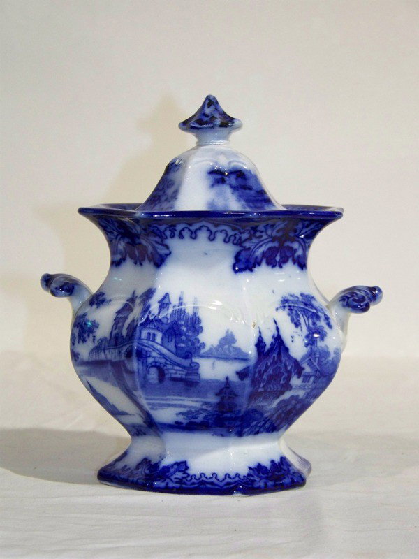 Antique Rhine Flow Blue Lidded Sugar Bowl: Antique Rhine Flow Blue Lidded Sugar Bowl. Great sugar bowl with lid, stamped on base with old register mark and Rhine D, With a great landscape scene.Stands app. 7 1/2" tall.