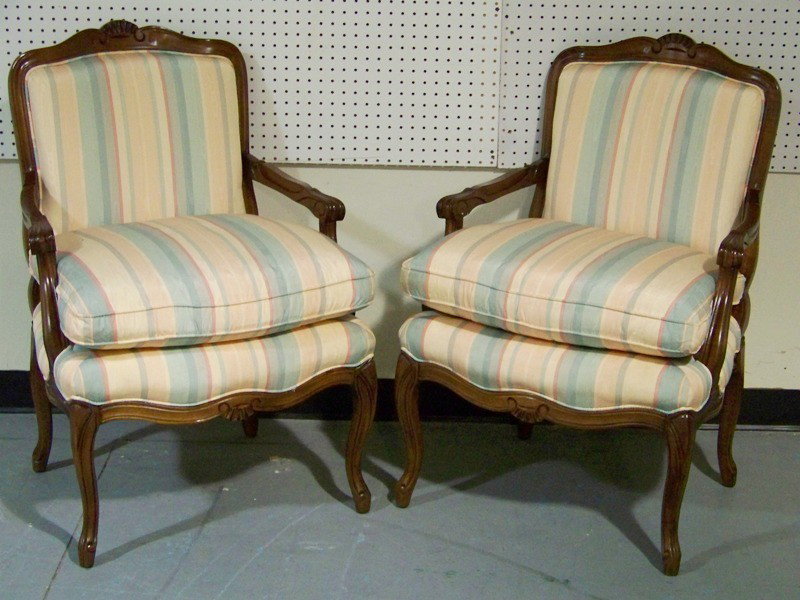 Pr. French Style Arm Chairs by Sam Moore: Pr. French Style Arm Chairs by Sam Moore. Each stands app. 37" tall 26" wide and app. 26" deep.