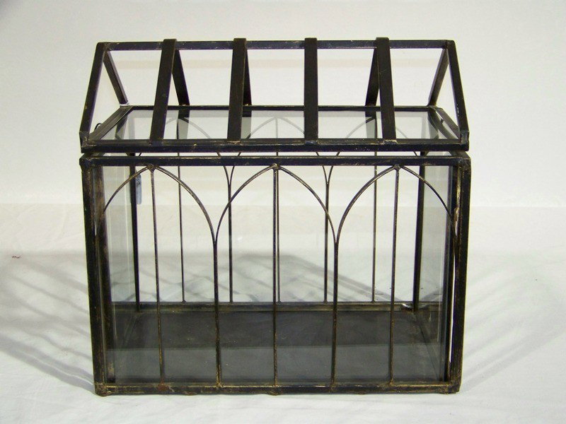 Vintage Iron & Glass House Style Terrarium: Vintage Iron & Glass House Style Terrarium. Great pc. with a top opens to interior. Stands app. 12 1/2" tall and 13 1/2" long and 9" deep.