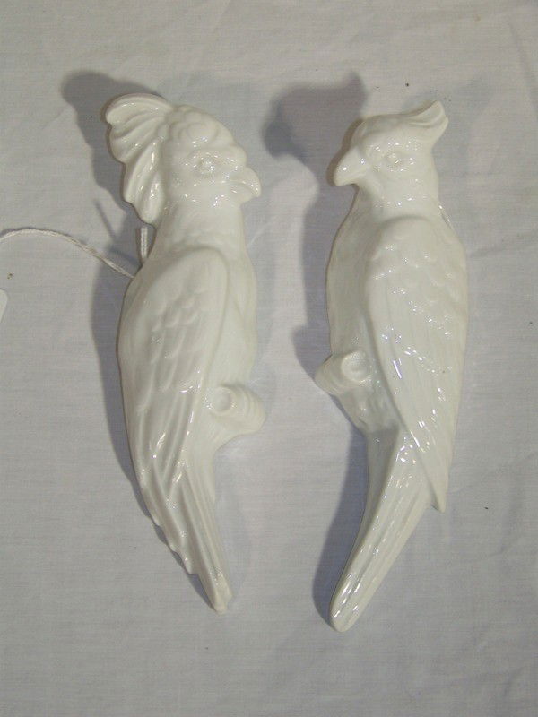Pr R S Germany Porcelain Parrot Wall Pockets: Pair R S Germany Porcelain Parrot Wall Pockets. Designed in opposing positions. One stamped 47/1650, other 46/1640. Each approx. 7 3/4".