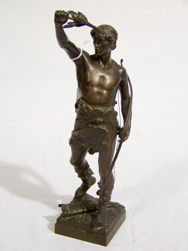 Eugène Marioton (FRENCH, 1854-1933) Bronze "Vainqu: Eugène Marioton (FRENCH, 1854-1933) Bronze "Vainqueur". Signed on side and titled Vainqueur on face also has foundry stamp on back, also has numbers on back 0123.Stands app. 13" tall.