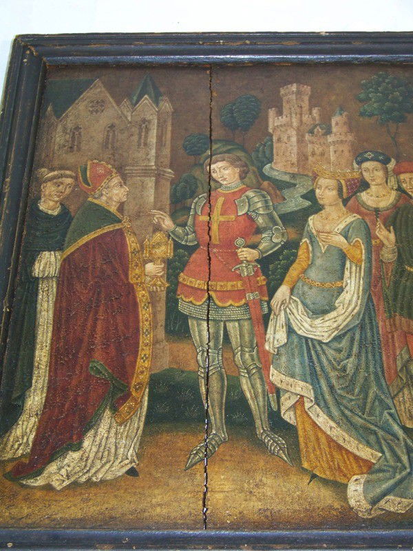 18/19th C. Religious Oil on Board of Saint & Knigh: 18/19th C. Religious Oil on Board of Saint & People with Knight.16" tall 12" wide, frame size is 18 1/4" tall 14 1/4" wide.Has crack as shown.