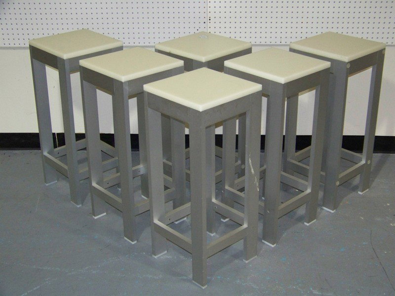 6 Modern Brushed Aluminium & Lucite Bar Stools "Al: 6 Modern Brushed Aluminium & Lucite Bar Stools "Alto". Stamped on base www.gandiablasco.com Taburete Alto. Each stands app. 29 1/4" tall,12" x 12" square seats.