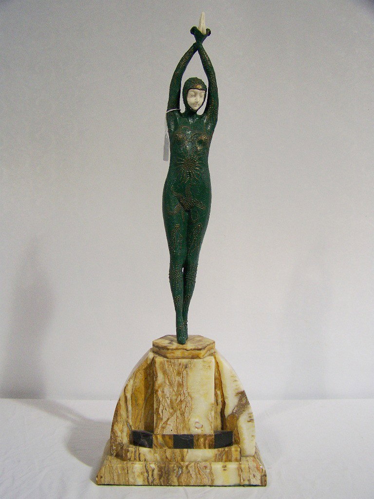 D.Chiparus Bronze Art Deco Starfish Dancer: Demetre H. Chiparus (Romanian 1866 - 1947) Bronze Art Deco Starfish Dancer. Great art deco figure of famous starfish lady with ivory face and hands on a great art deco marble base. Standing approx 29.