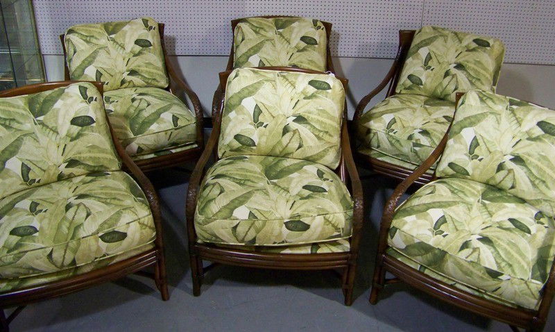 6 David Francis Leather Wrapped Rattan Cain Back C: 6 David Francis Leather Wrapped Rattan Cain Back Chairs. Great set of high end rattan chairs with a Banana leaf design to cushions. Each is app. 36" tall, 32" wide and 33" deep.