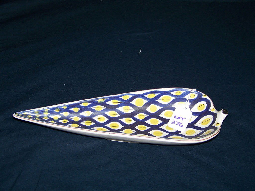 Vintage Modern Signed Sweden Art Pottery Tray: Vintage Modern Signed Sweden Art Pottery Tray. Great blue geometric design with yellow circles. Shaped like a large leaf. App. 12 1/4" long and app. 4 1/4" wide. Signed on base with a large C or G Swe