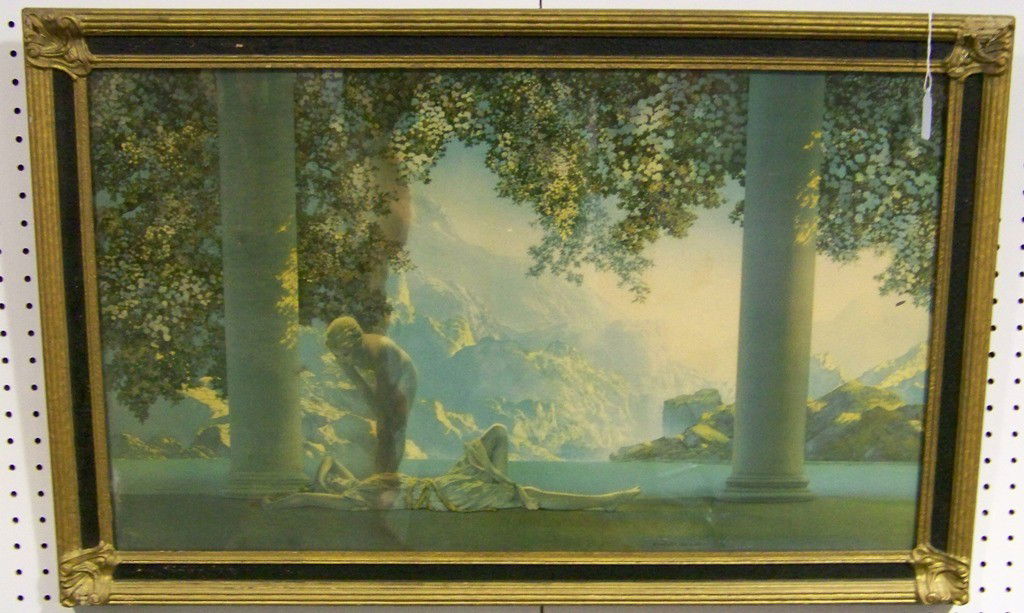 Early Original Maxfield Parrish Print Day Break: Early Original Maxfield Parrish Print Day Break. Signed in print right center also has The House of Art N.Y. on lower left.Print is app. 29 5/8" x 17 1/2" wide.Frame is app. 33 1/2" x 21 1/2" tall.