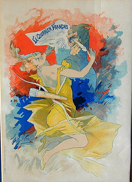 JULES CHERET (Fr. 1836-1932) Poster 1891: This 1891 original French art nouveau poster by artist Jules Cheret ( 1836-1932) is titled "Le Courier Francois". It is 12" x 8 1/2" (sight). Ateliers Cherey publ. and Chais prntr