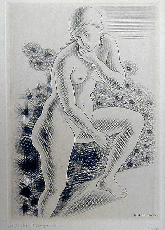 KIYOSHI HASEGAWA (Fr./Jap.1891-1963) Drypoint 192: This drypoint etching by French/Japanese artist Kiyoshi Hasegawa (1891-1980) was done in 1929 and is titled "Femme Nue". The image size is 6" x 4 1/4". The piece has full margis and is not laid down.