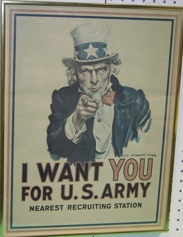 Vintage Army Recruiting Poster Uncle Sam by J.M. Fl: Vintage Army Recruiting Poster Uncle Sam by J.M. Flagg. I want you for U.S. Army, Nearest Recruiting office. Poster is app.15 1/2" x 20 3/4" tall. Frame is 16 1/4" x 21 1/2" tall.