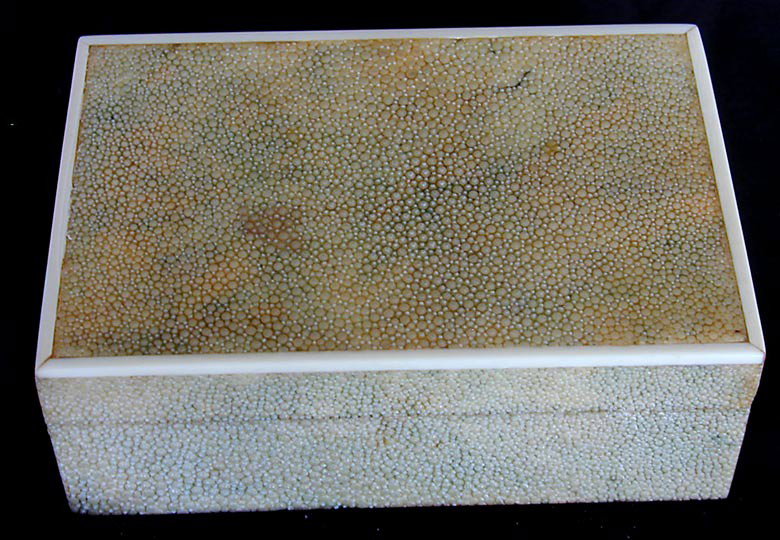 OLD SHAGREEN AND IVORY BOX: This is an old shagreen and ivory box. It is 6 1/8" wide x 2 1/4" high x 4 1/8" deep. It is in good condition