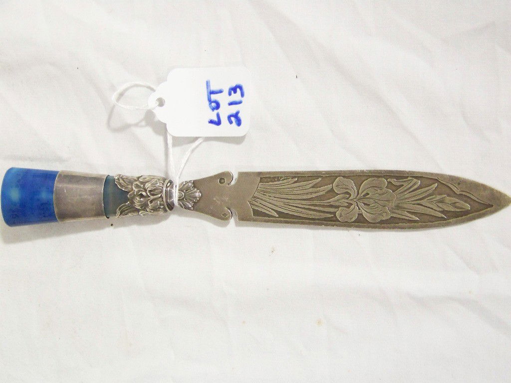 19th C French Ornate Silver & Azurite Stone Paper: 19th C French Ornate Silver & Azurite Stone Paper Knife, letter opener with a nice Flower design to blade and to handle base. Has a silver band around what looks to be Azurite ?? Stone handle.Has hall