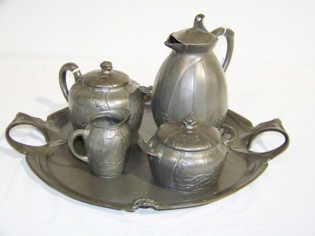 Antique Pewter Christofle Gallia Art Nouveau Tea S: Antique Pewter Christofle Gallia Art Nouveau Tea Set. Great tea set stamped on base Gallia Metal with Rooster # 4634 on bases.Has a 8 1/2" tall coffee pot, 5 1/4" lidded tea pot,4" tall lidded sugar,