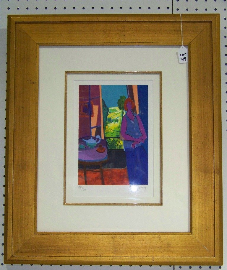 Marcel Mouly, Signed Lithograph in Colors #186/300: Marcel Mouly, Signed Lithograph in Colors #186/300. Titled La Femme en Bleu aux Cheveux Rouges. Size is 10 1/4" x 8 1/4" frame is 26" x 22". Has Certificate and Appraisal.