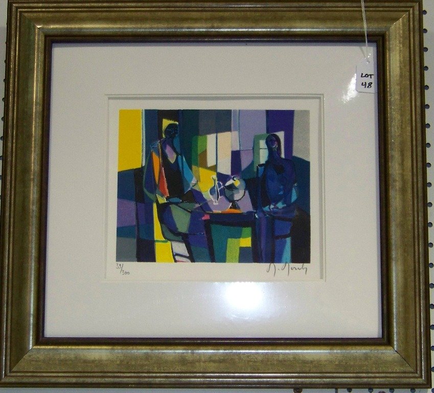 Marcel Mouly, Signed Lithograph in Colors #33/300: Marcel Mouly, Signed Lithograph in Colors #33/300. Titled Le Couple a La Soupiere. Size is 7 1/2" x 9 1/4", frame is 19" x 20 1/2". Has Certificate and Appraisal.