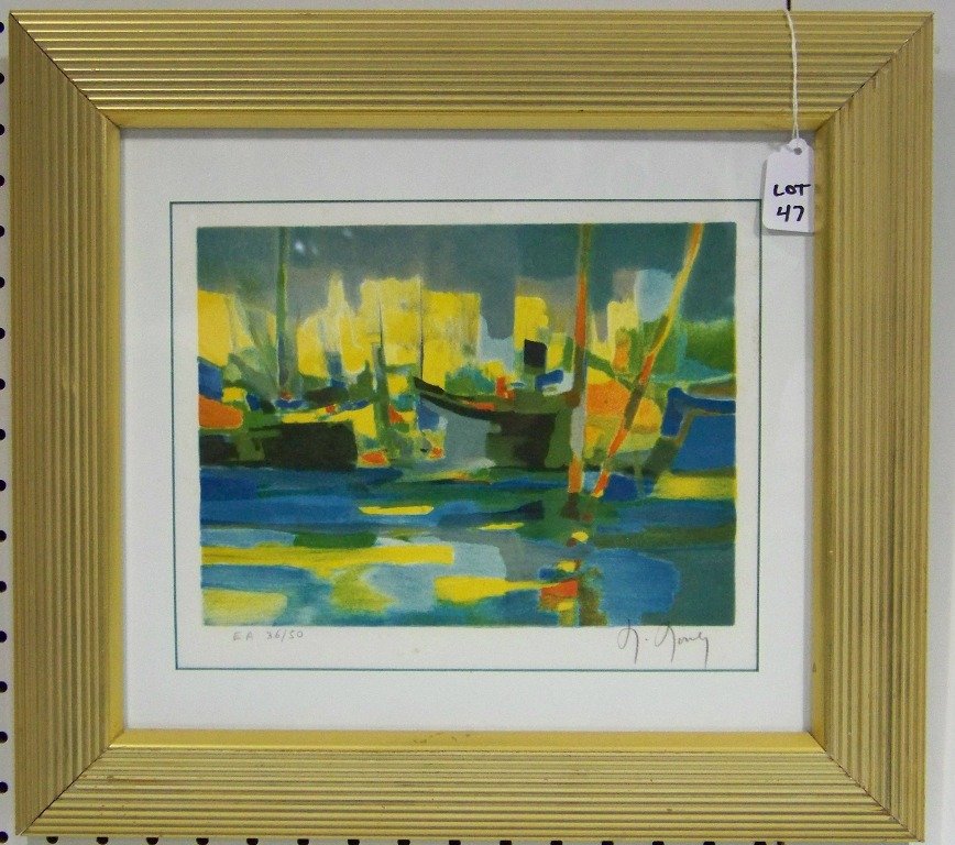 Marcel Mouly, Signed Lithograph in Colors EA 36/50: Marcel Mouly, Signed Lithograph in Colors EA 36/50. Size is 10 1/4" x 7 3/4", frame is 16" x 18". Has Boats, and signed lower right.