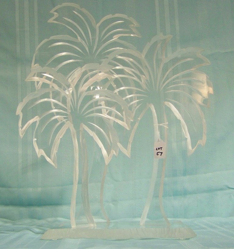 Large Signed Van Teal Lucite Palm Trees Table Sculp: Large Signed Van Teal Lucite Palm Trees Table Sculpture. Great sculpture with three palm trees resting on a signed Lucite base. Stands app.22" tall and app.17" wide and 13" deep.