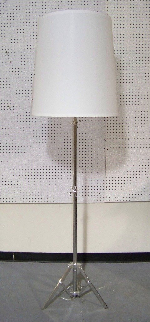 Great Modern Chrome Water Faucet Style Floor Lamp: Great Modern Chrome Water Faucet Style Floor Lamp. Great floor lamp with a massive 24" tall shade. Lamp has two water faucet style handles for lowering the lamp.Total height with shade is app.80" tall