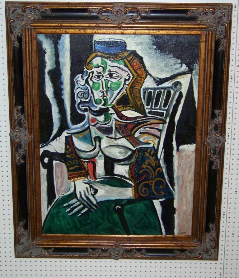 Great 20th C. O/C Copy of Picasso Cubist Modern: Great 20th C. O/C Copy of Picasso Cubist Modern. In a wonderful carved wooden frame.Frame is app.50" tall and app.42" wide.