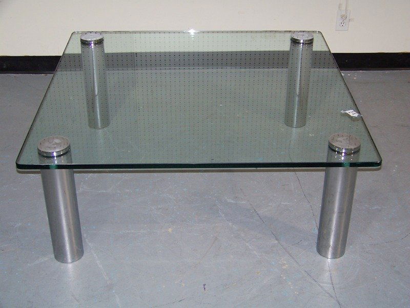Great Mid C. Modern Chrome & Glass Top Coffee Tabl: Great Mid C. Modern Chrome & Glass Top Coffee Table. Has four large round chrome legs and is app.44" square and app.17" tall.