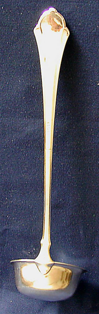 C1900 SILVER LADLE LUTZ & WEISS, PFORZHEIM 7.5 TRO: A circa 1900 fine silver ladle made by the silversmith LUTZ & WEISS of Pforzheim Germany, 14"L, total weight 7.5 TROY OUNCES; hallmarks: crescent moon & crown, 800, maker mark for Lutz & Weiss.