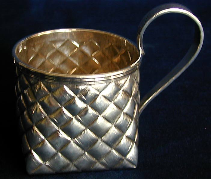 19THC RUSSIAN SILVER TEA GLASS HOLDER-4.5 TR OZ: A 19thc Russian silver tea glass holder of basket weave design; hallmarked 84*, Tula city mark, unknown maker mark stamped in Cyrillic; 4.5 TROY OUNCE, 2" square base, ear-form handle, 2.5"H (not incl