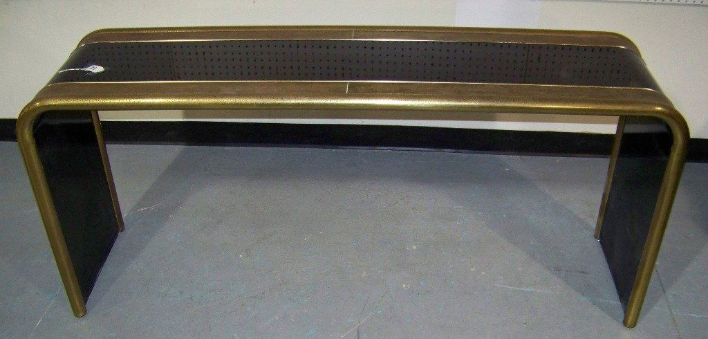 BERNHARD ROHNE MASTERCRAFT ETCHED CONSOLE: BERNHARD ROHNE MASTERCRAFT ETCHED SOFA/CONSOLE TABLE. 1960's; Acid etched, polychrome and patinated bronze& lacquer table; Unmarked;Table is app.62" long,27 1/2" tall & 17" deep.