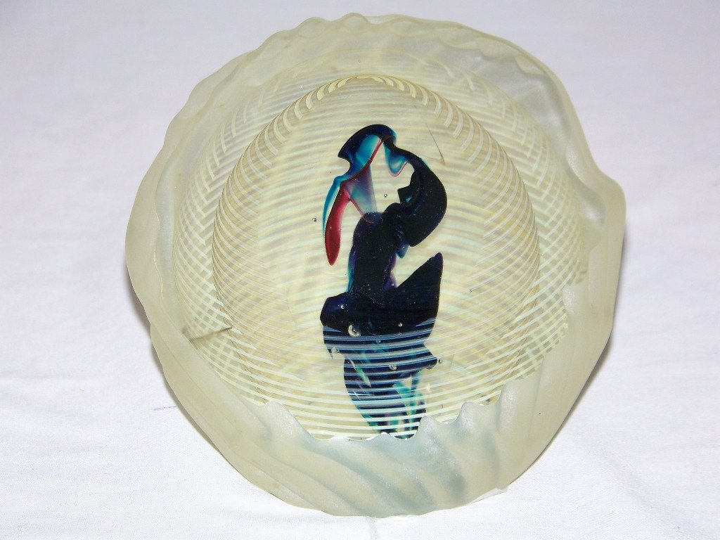 Rollin Karg, 1994 Blue Flame Sculpted, Paperweight: Rollin Karg,Signed and dated 1994 Blue Flame Sculpted, Paperweight. Great table sculpture with a frosted back and clear face to expose the dark blue, light blue and red flame to interior. Stands app.5