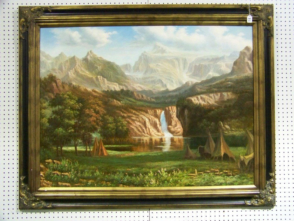 Great 20th C. Oil on Canvas of Indian Life & Mounti: Great 20th C. Oil on Canvas of Indian Life & Mountains. Great oil of Mountains with waterfall and tepee's.Painting is app.47 1/2" long and 35 1/2" tall, frame is app.57" x 46".