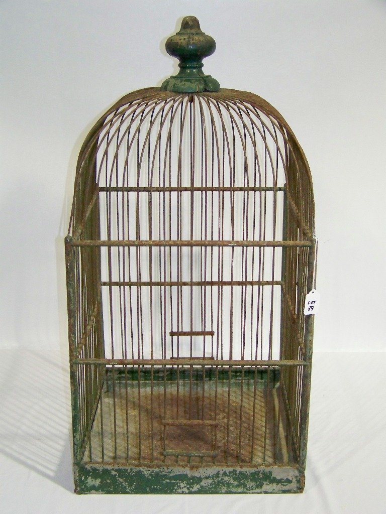 Antique Iron, Wood & Copper Large Bird Cage 33" Tal: Antique Iron, Wood & Copper Large Bird Cage 33" Tall and app.17" square, with a damaged wooden finial, has tray a a copper door latch.